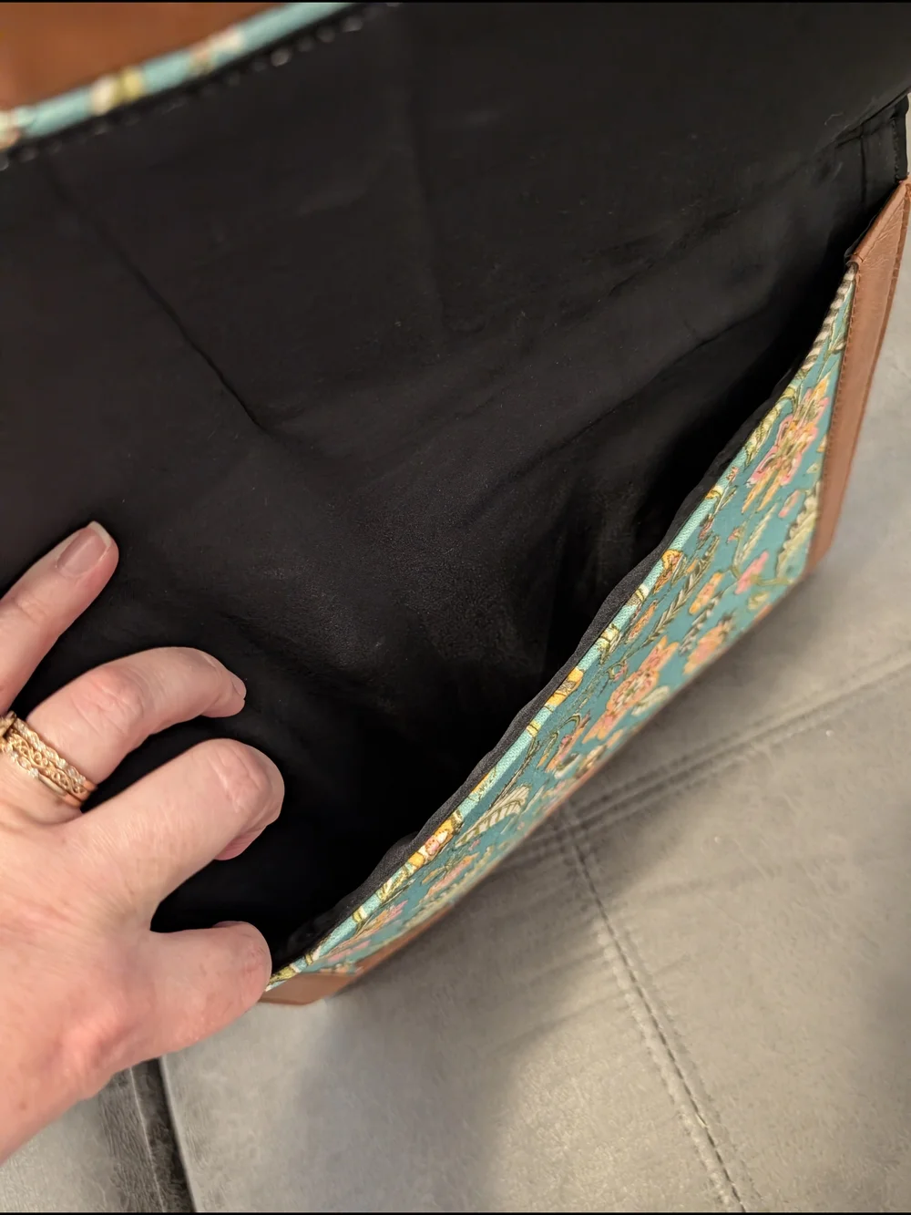 Floral Turquoise Canvas Tablet Case with Brown Trim